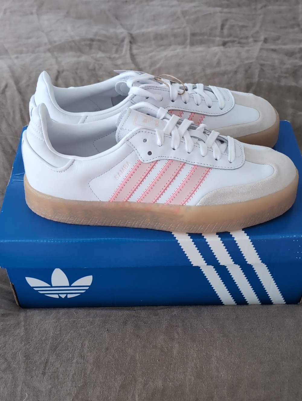 adidas Sambae White Leather Sneakers with Pink Stripes and Gum Sole